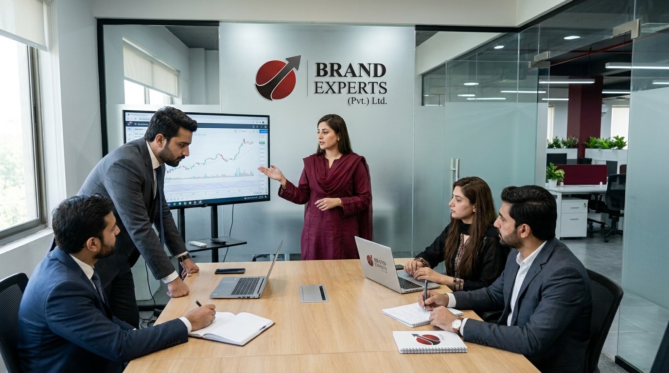 Brand Experts team reviewing client accounts in a strategy meeting